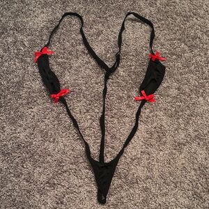 Black Micro String Teddy with Red Bow Accents